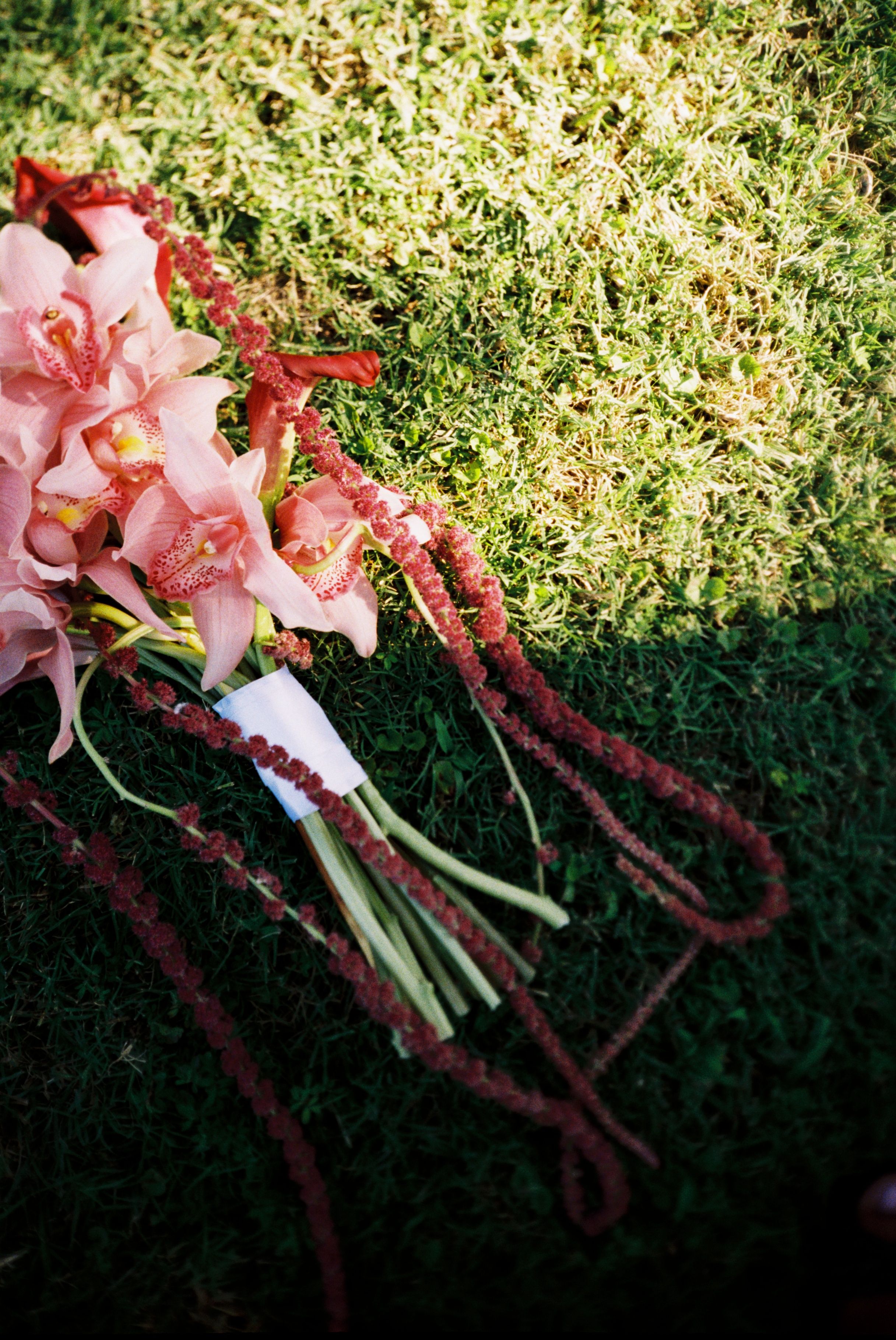 Pink orchid bouquet with trailing red amaranthus strands resting on green grass, perfect for a wedding arrangement.