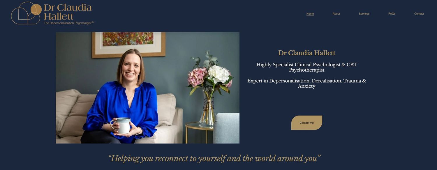 A clinical psychologist smiles warmly on her professional therapy website homepage.