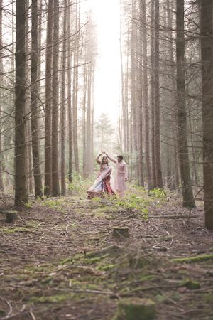Two women in elegant pink dresses dancing gracefully among tall pine trees in a misty forest.
