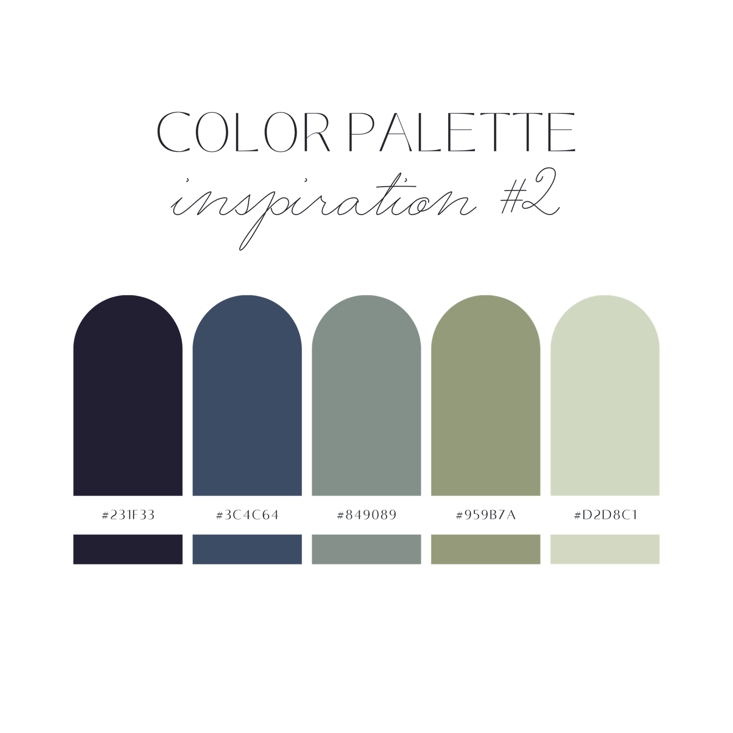 A minimalist color palette featuring cool tones transitioning from sage green to navy blue.