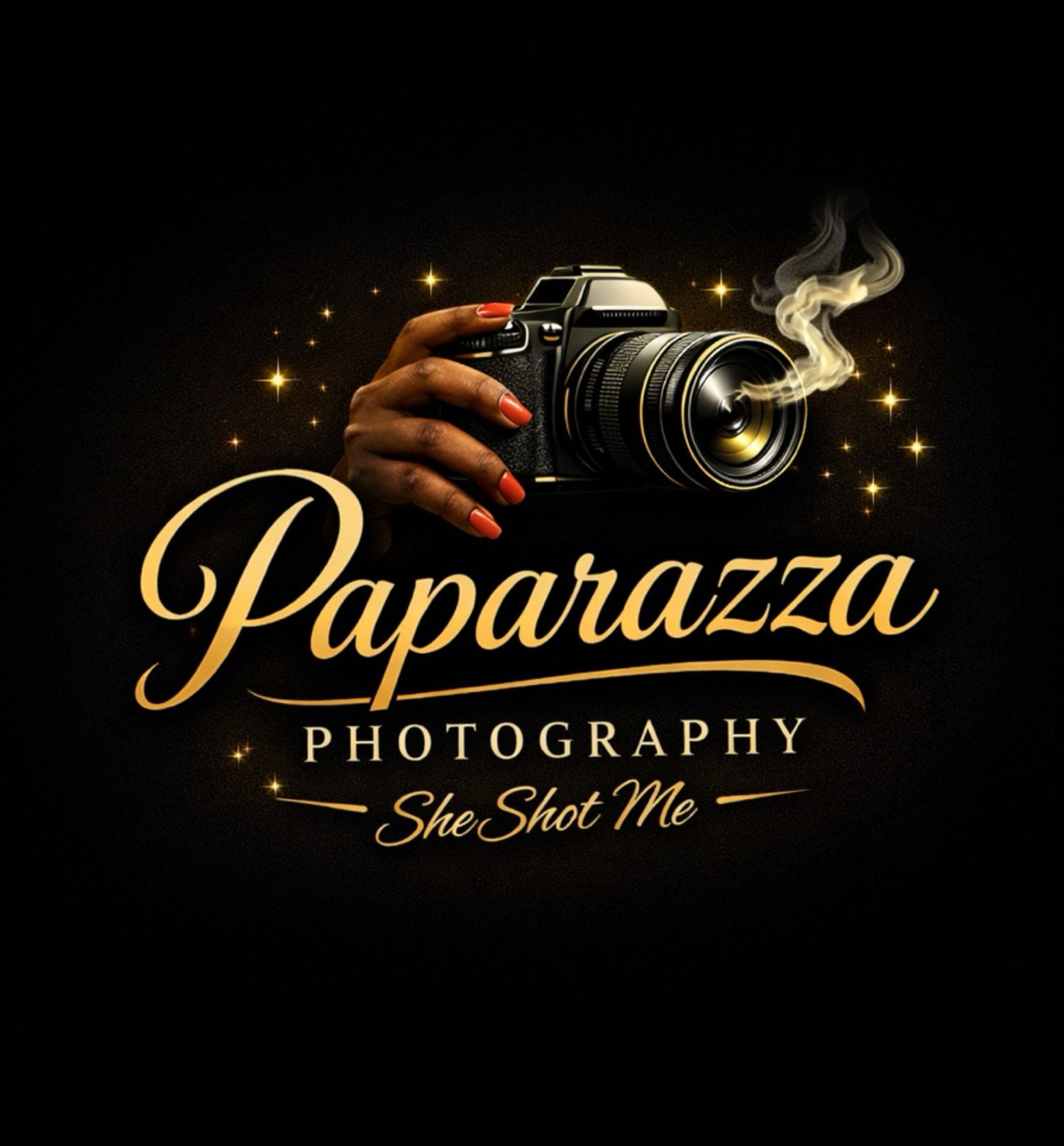 Paparazza Photography She Shot Me logo with elegant gold lettering and camera held by manicured hand.