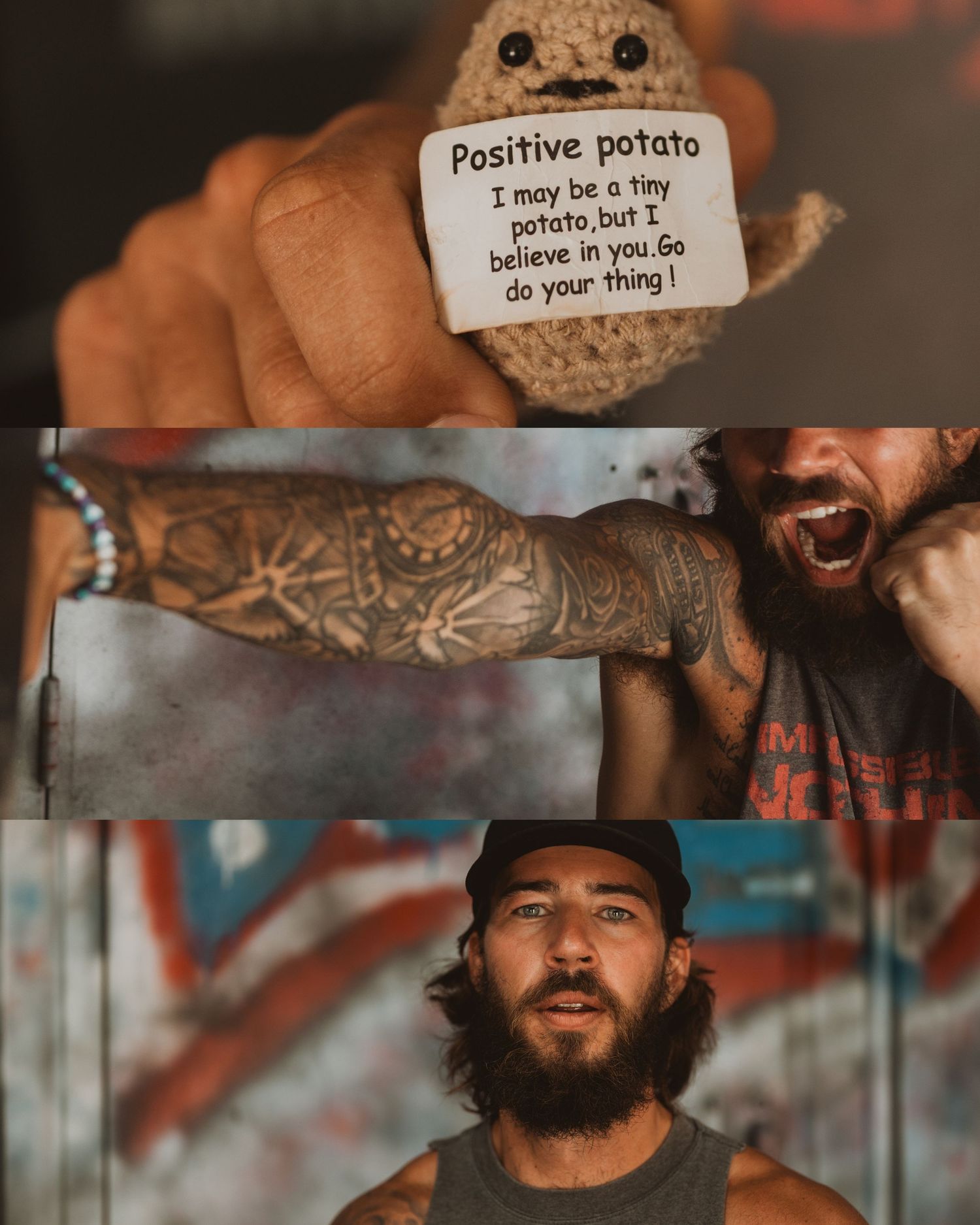 A tattooed individual in athletic wear sits on an orange and black stool against a graffiti-covered wall.