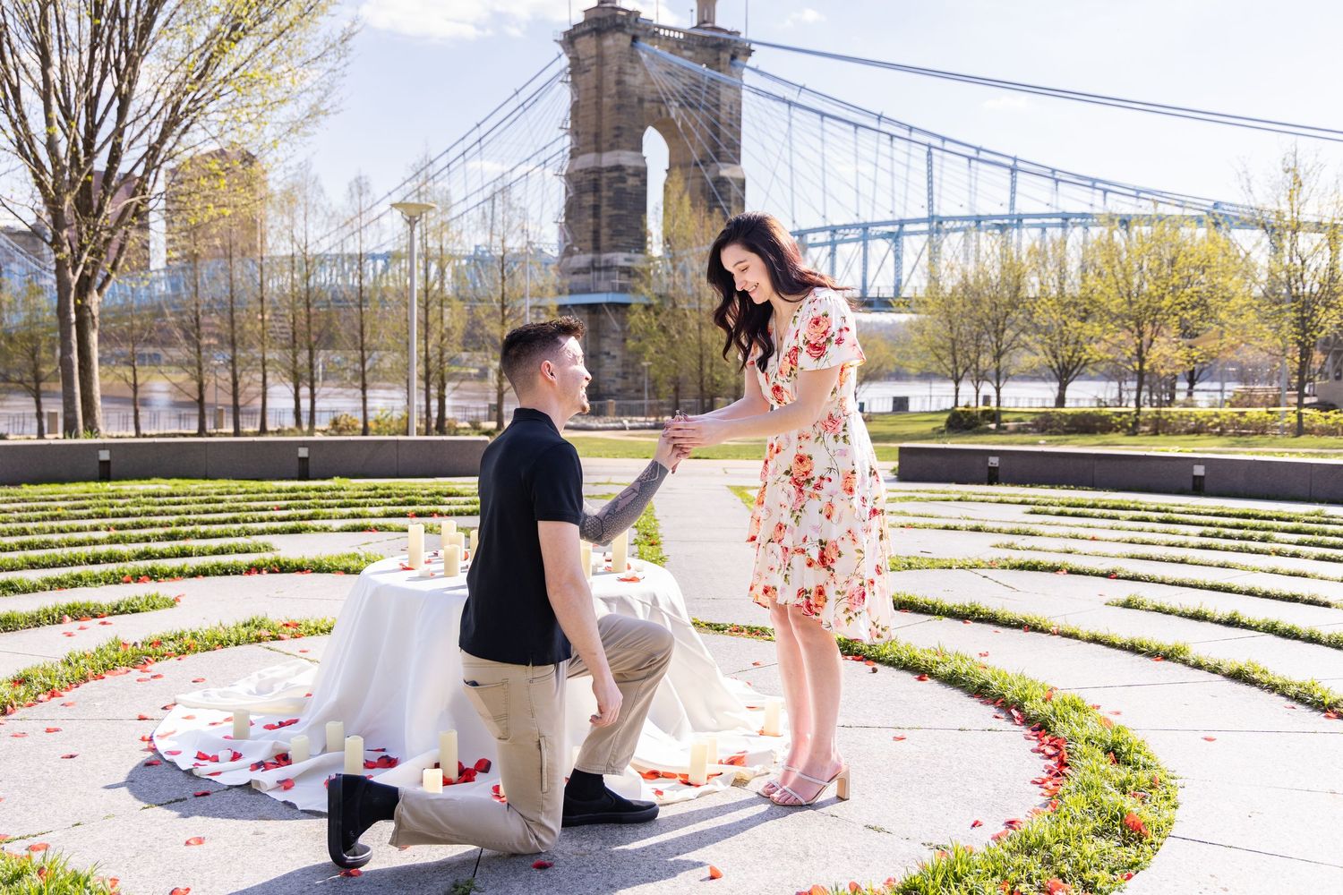 Man proposes to woman on one knee near Roebling Bridge with rose petals and a decorated table at Smale Park Cincinnati