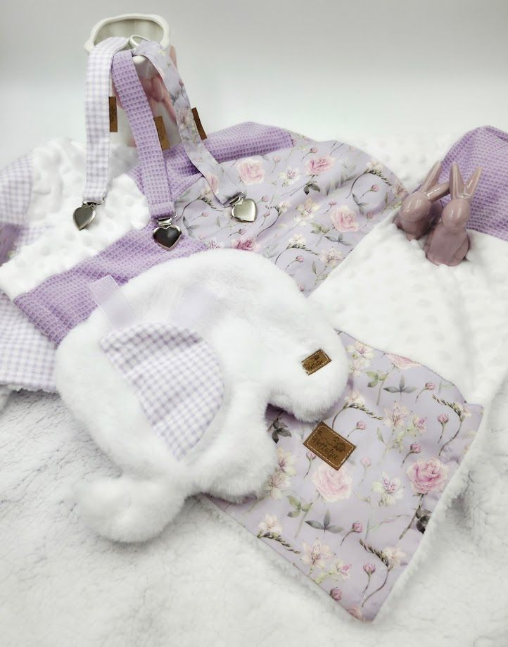 Lavender floral baby gift set with suspenders, minky blanket, elephant hat, and bib in purple gingham and rose print.