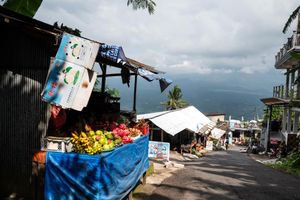 Tropical fruit market stall with colorful produce displayed on blue table, mountain valley views in background, Bali.
