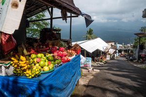 Vibrant outdoor tropical fruit stand with bananas, dragon fruit and melons, scenic mountain landscape behind, Bali market.