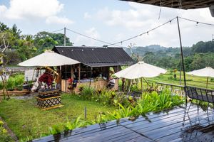 Outdoor cafe with white umbrellas and string lights overlooking lush green rice terraces on a cloudy day.