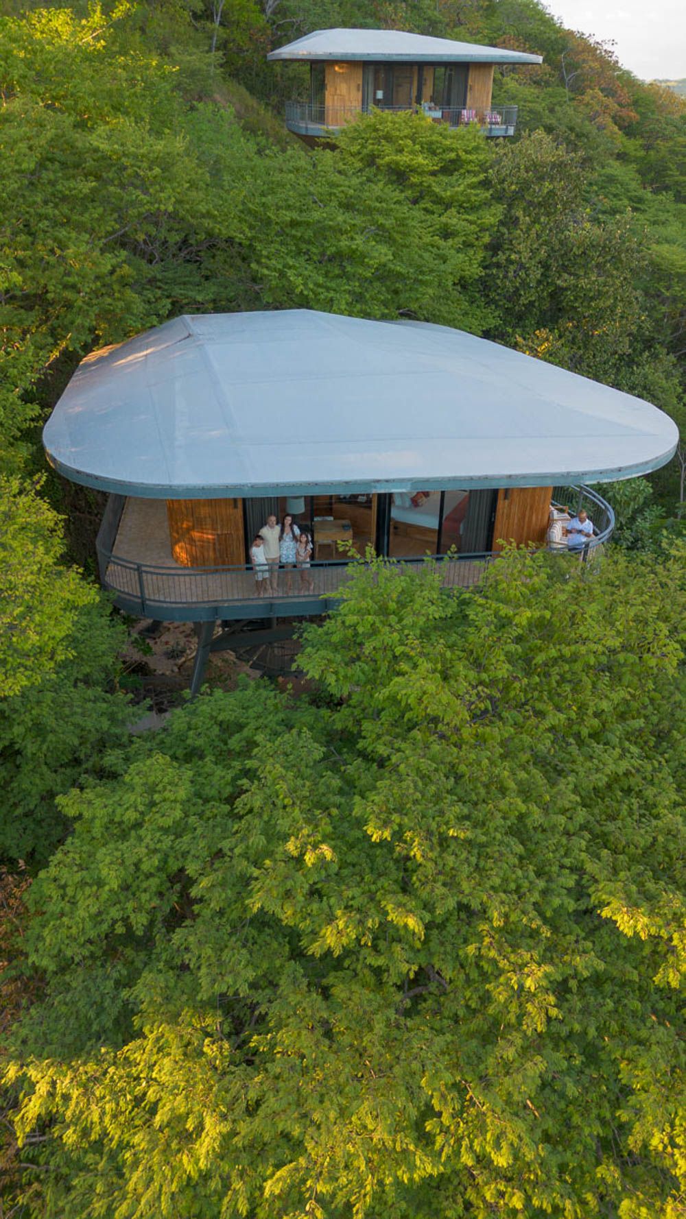 Aerial view of a unique treehouse villa with a curved gray roof nestled among lush green tropical trees.