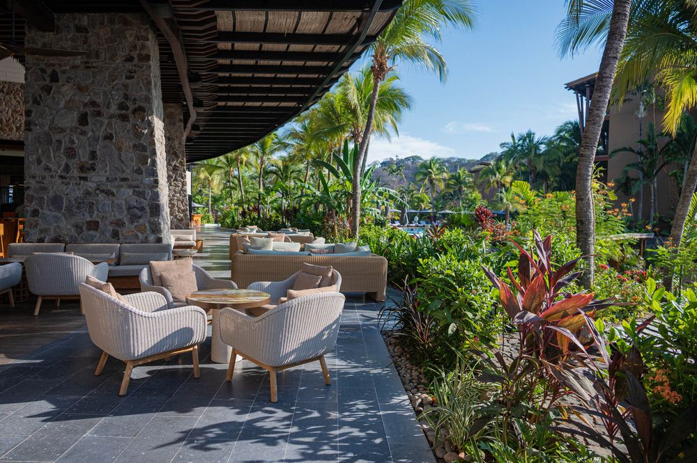 Luxury tropical resort patio with wicker chairs, lush palm trees, and stone wall architecture.