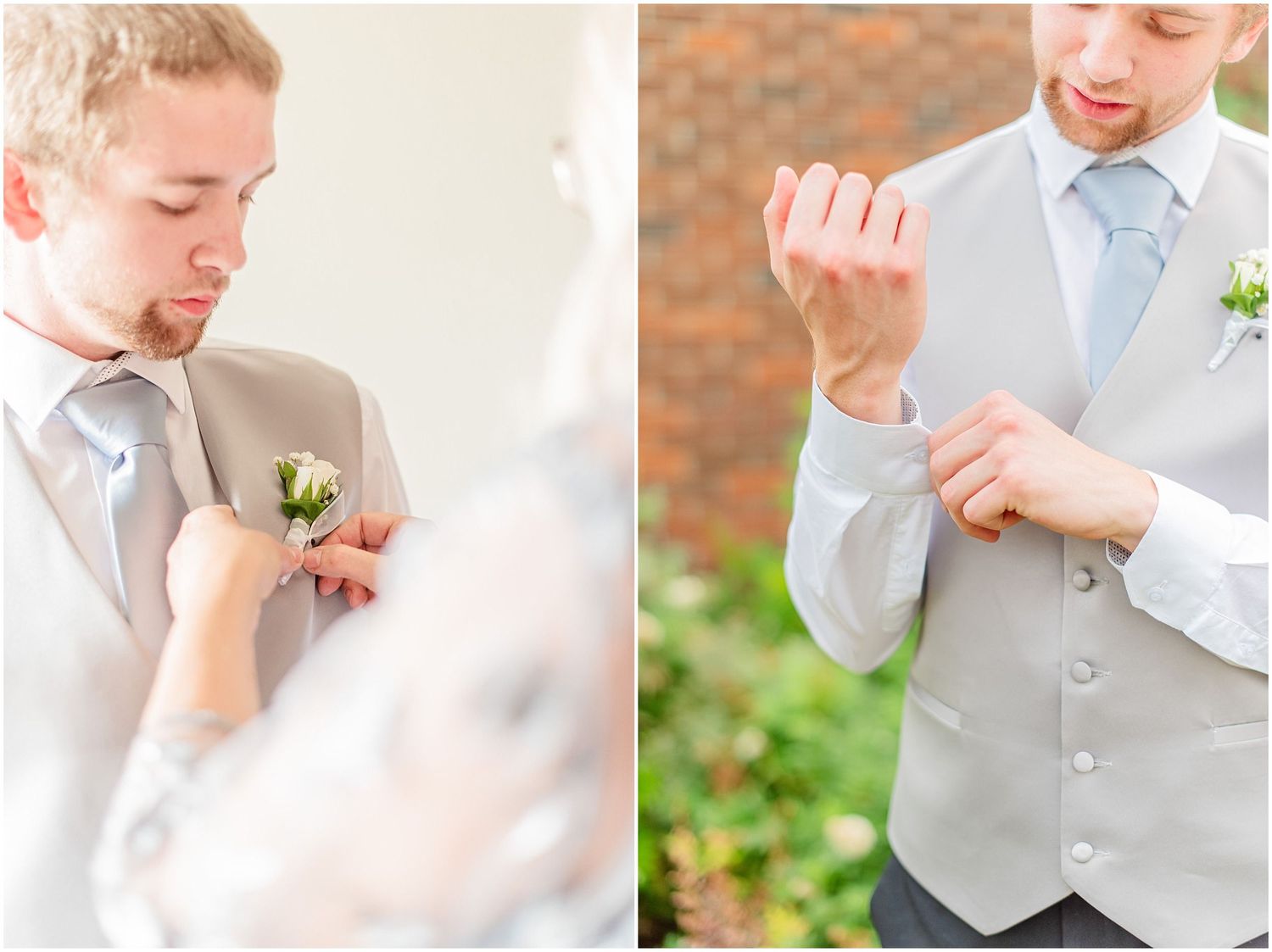 Groom in grey vest and light blue tie getting boutonniere pinned and cufflinks fastened before wedding ceremony.