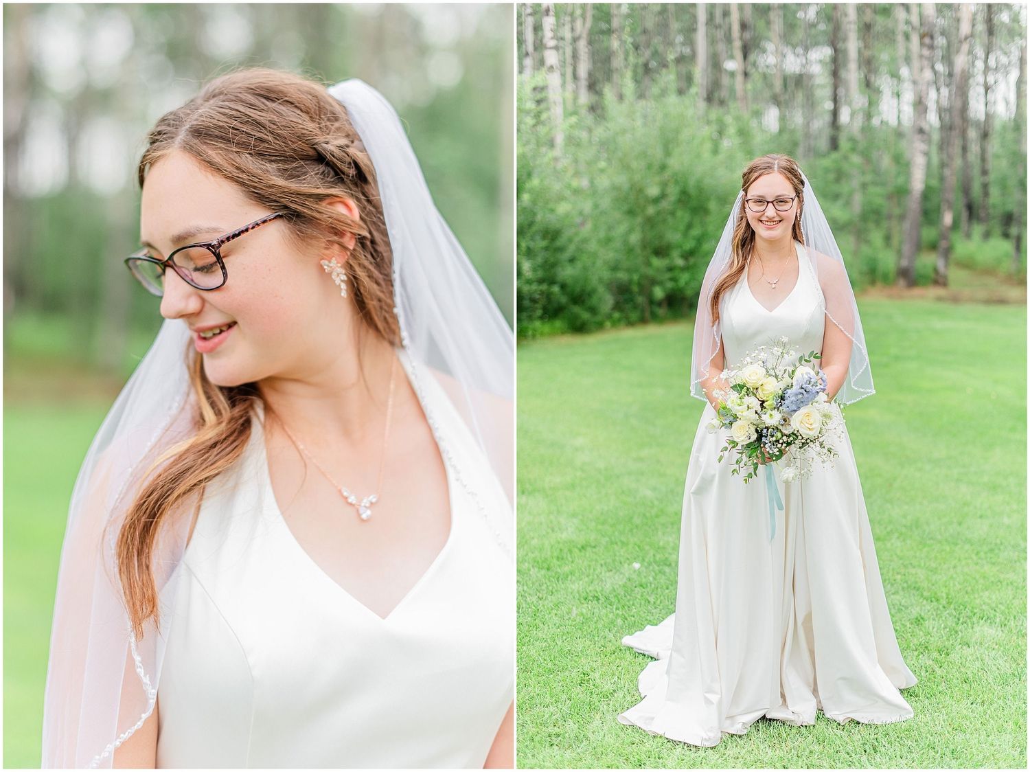 Bride in white gown and veil wearing glasses holds bouquet on green lawn with trees.
