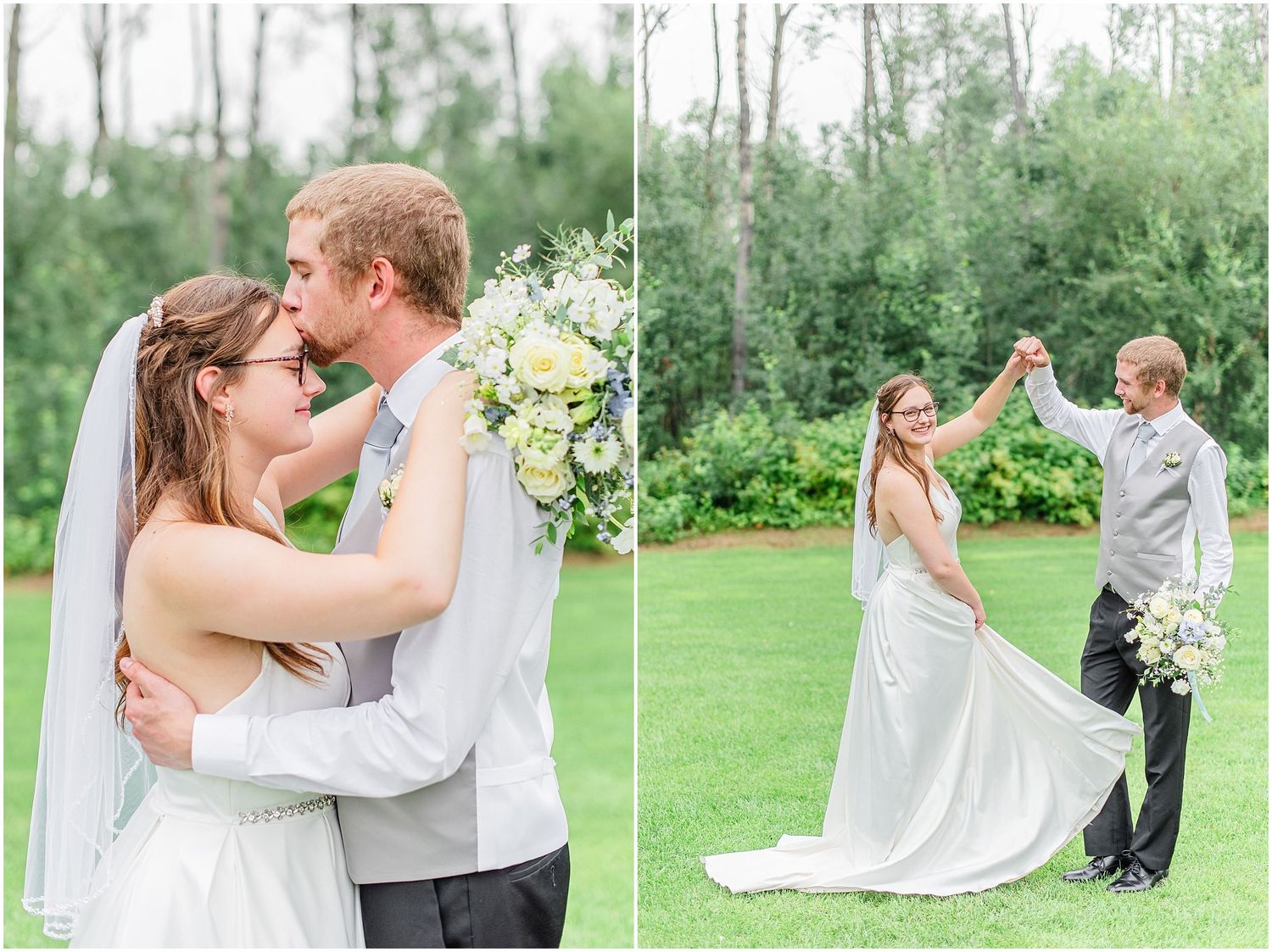 Bride and groom sharing a kiss and twirling on green lawn with lush trees in background.