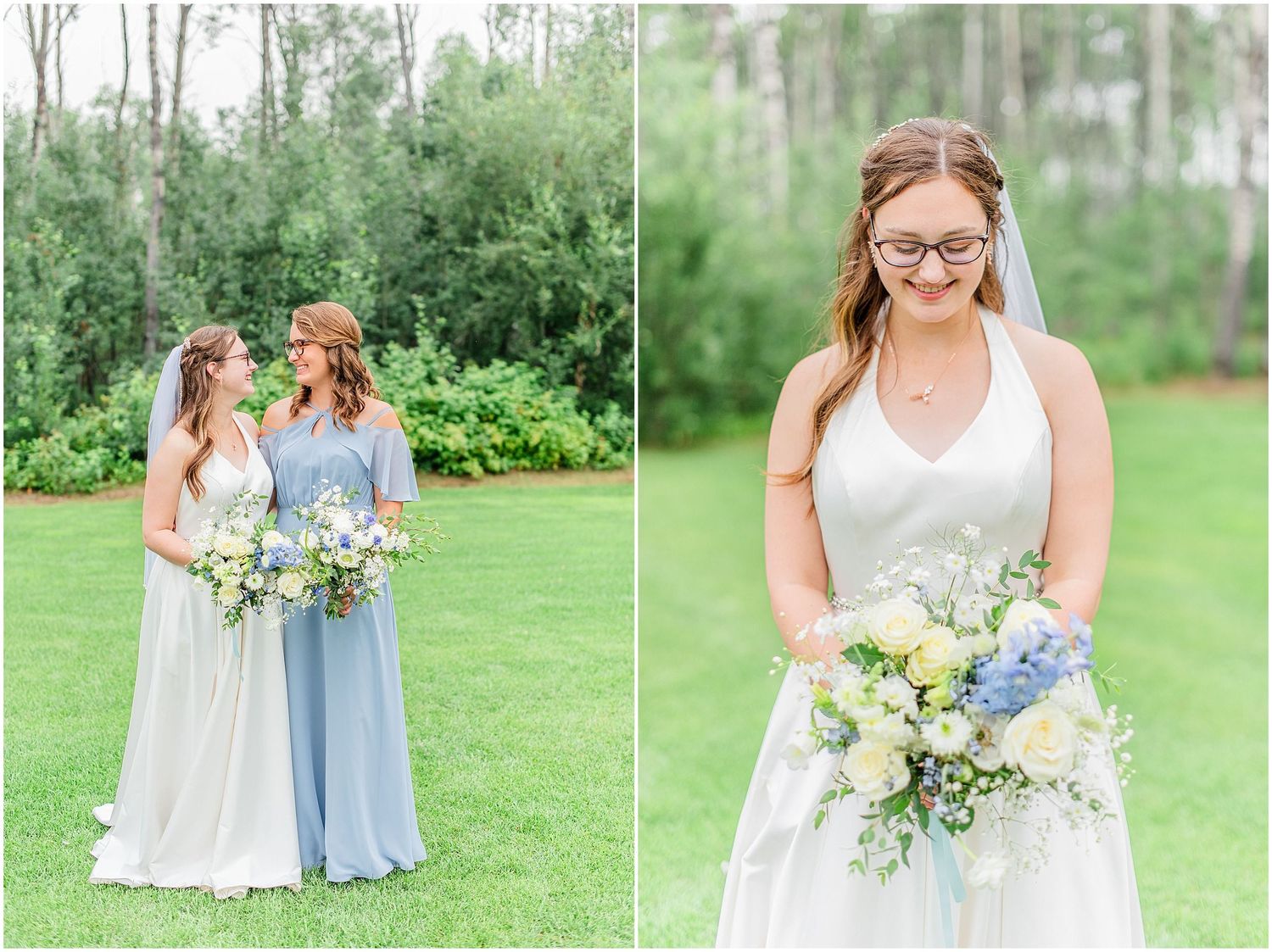 Bride in white gown and bridesmaid in blue dress holding floral bouquets on green lawn.