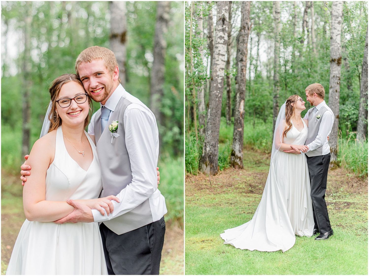 Bride and groom pose together in front of birch trees, sharing a romantic moment in their wedding attire.