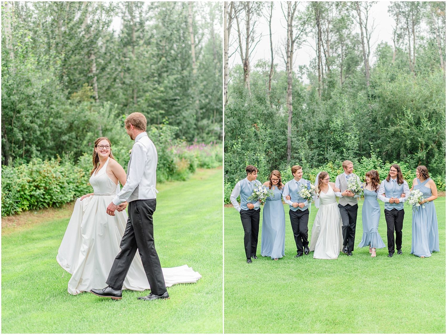 Bride and groom dancing on lawn with bridesmaids in light blue dresses nearby.