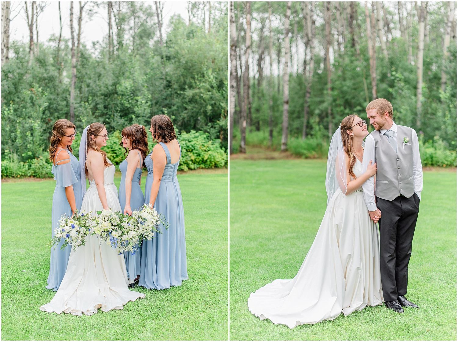 Bride and groom share romantic moment while bridesmaids chat on lush green lawn.