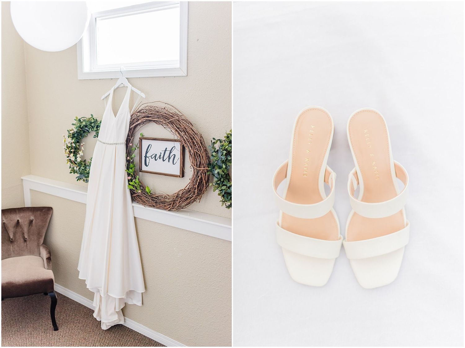 White wedding dress hanging near a faith sign with bridesmaids white heeled sandals on a light background.