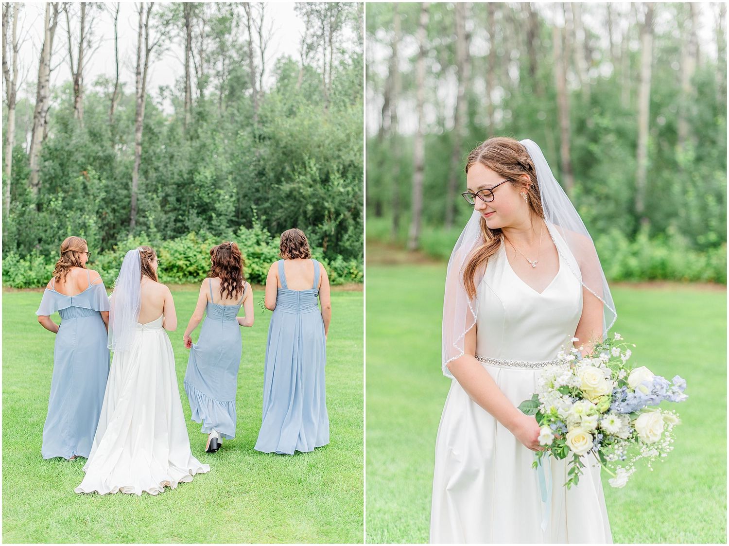 Bride in white gown with veil and bridesmaids in dusty blue dresses posing on green lawn outdoors.