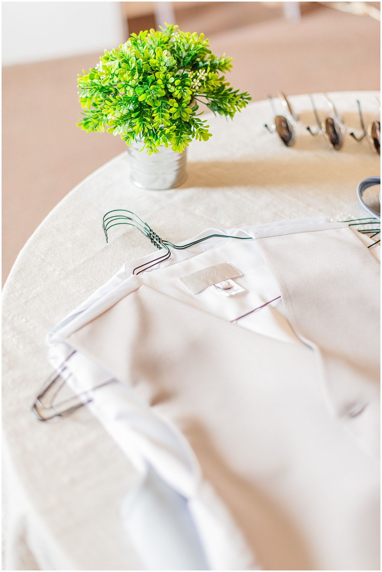 Elegant wedding table setting with clear acrylic hanger, white napkin, and small green plant centerpiece on linen tablecloth.