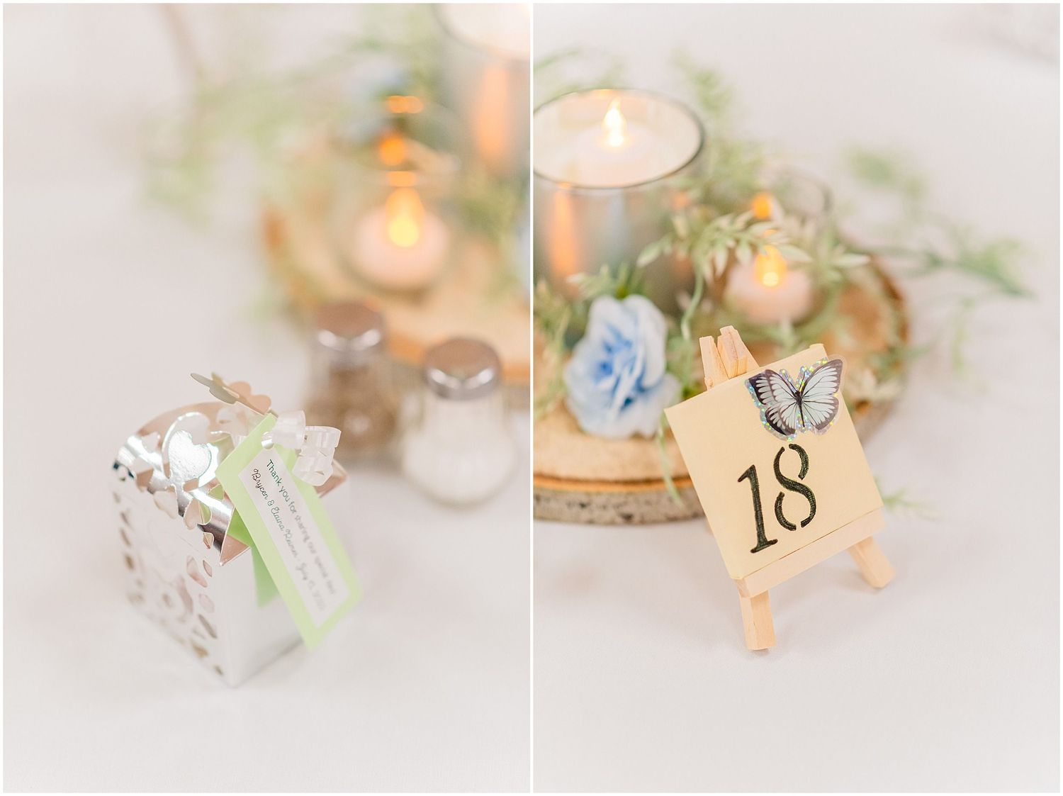Elegant wedding table decor with table number 18 on easel, candles, florals, and decorative favor box.