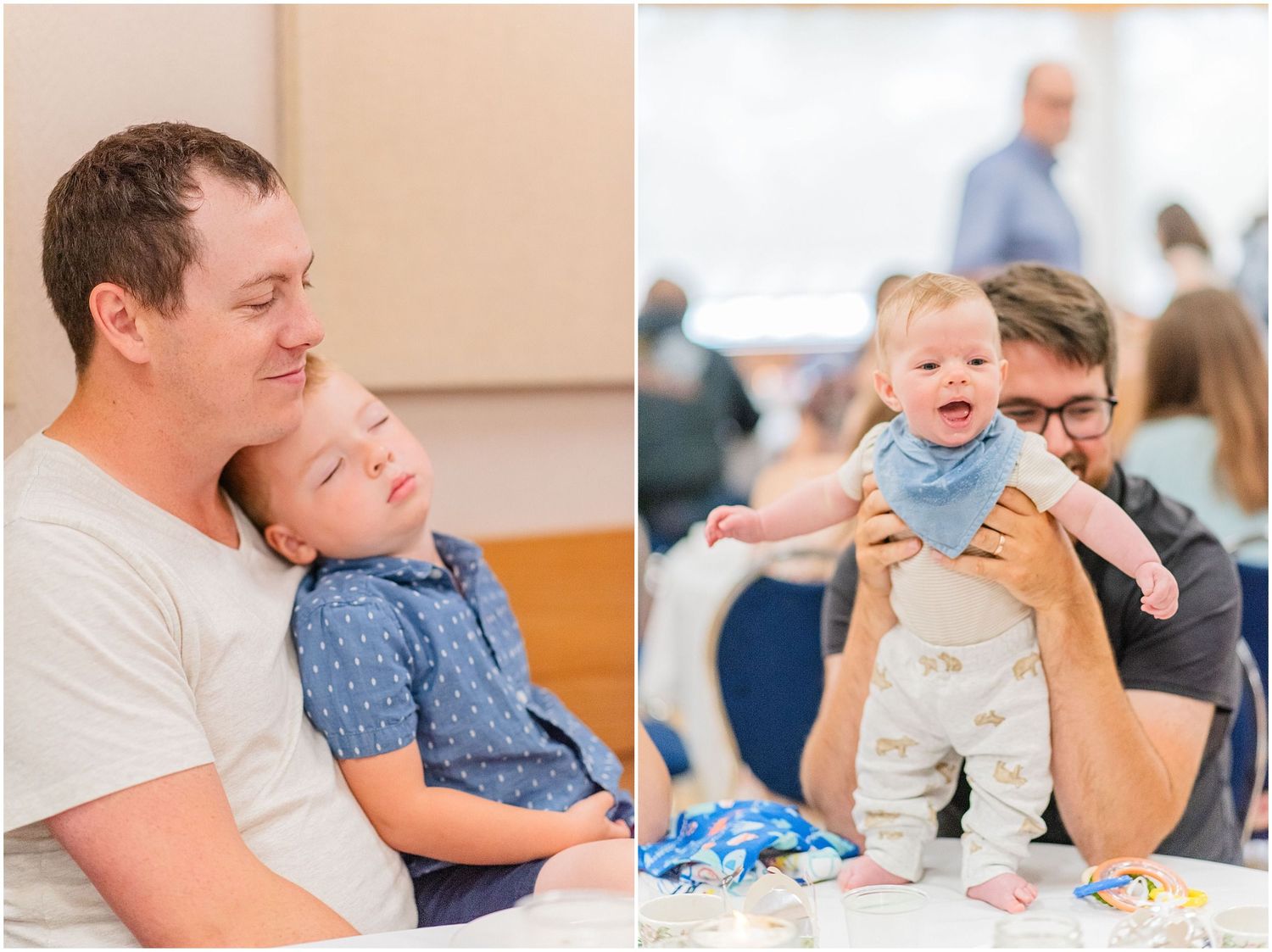 Two fathers lovingly hold their babies at a wedding reception, capturing sweet family moments.