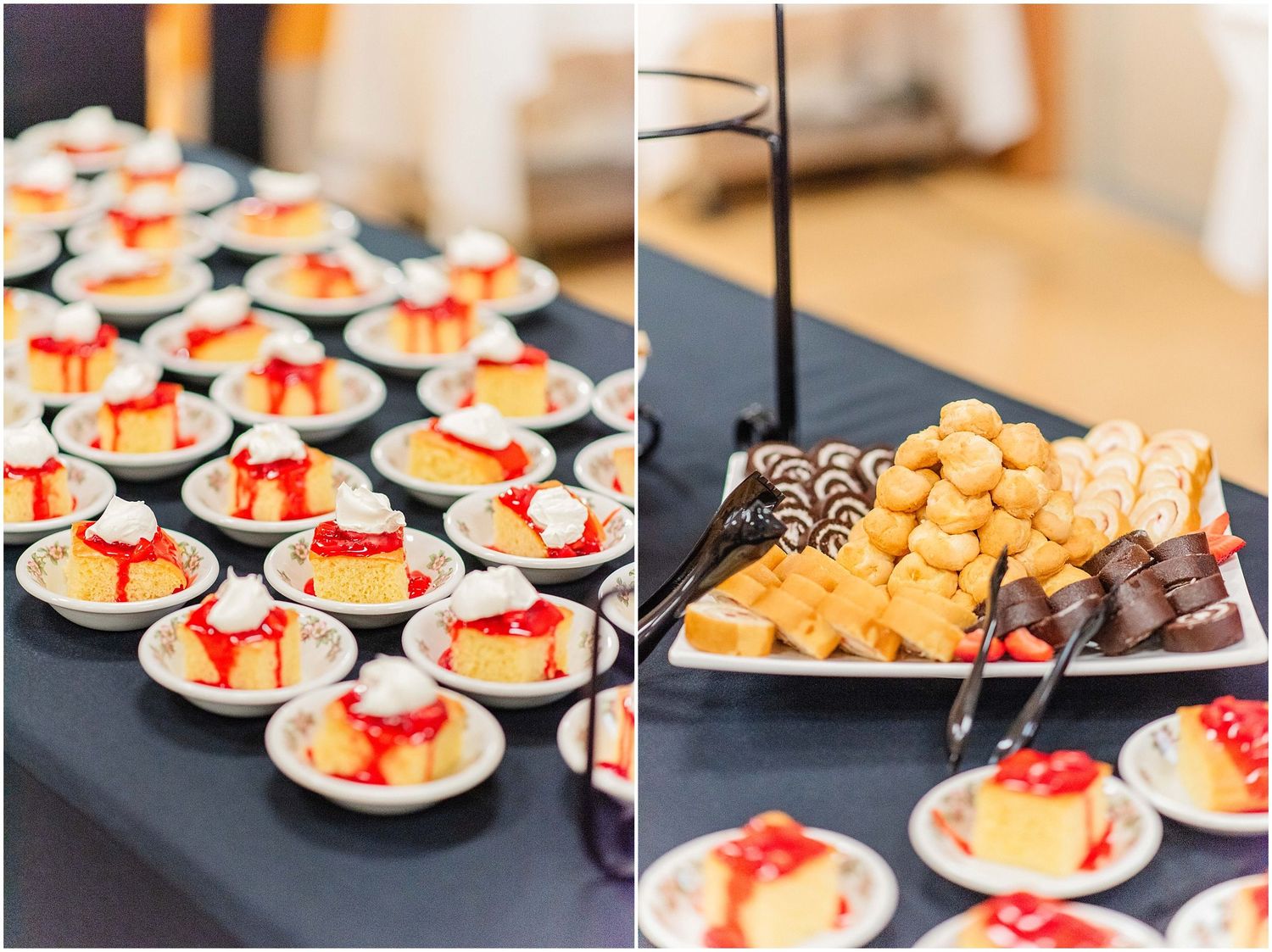 Wedding dessert table featuring cheesecake cups with strawberry topping and chocolate-dipped treats.