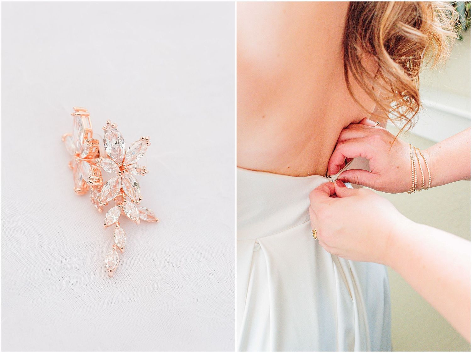 Rose gold bridal hair piece beside a bride getting her wedding dress buttoned up.