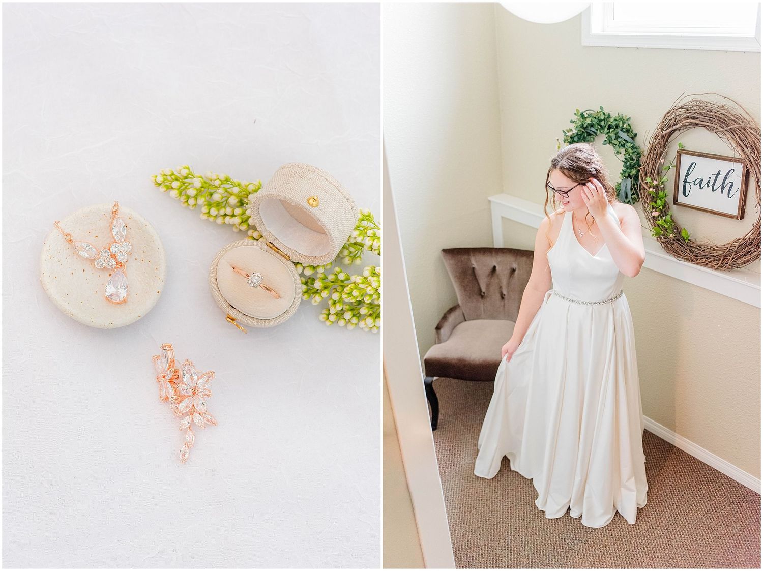 Bride in white gown adjusts veil near a faith sign, beside pink floral earrings in a ring box.