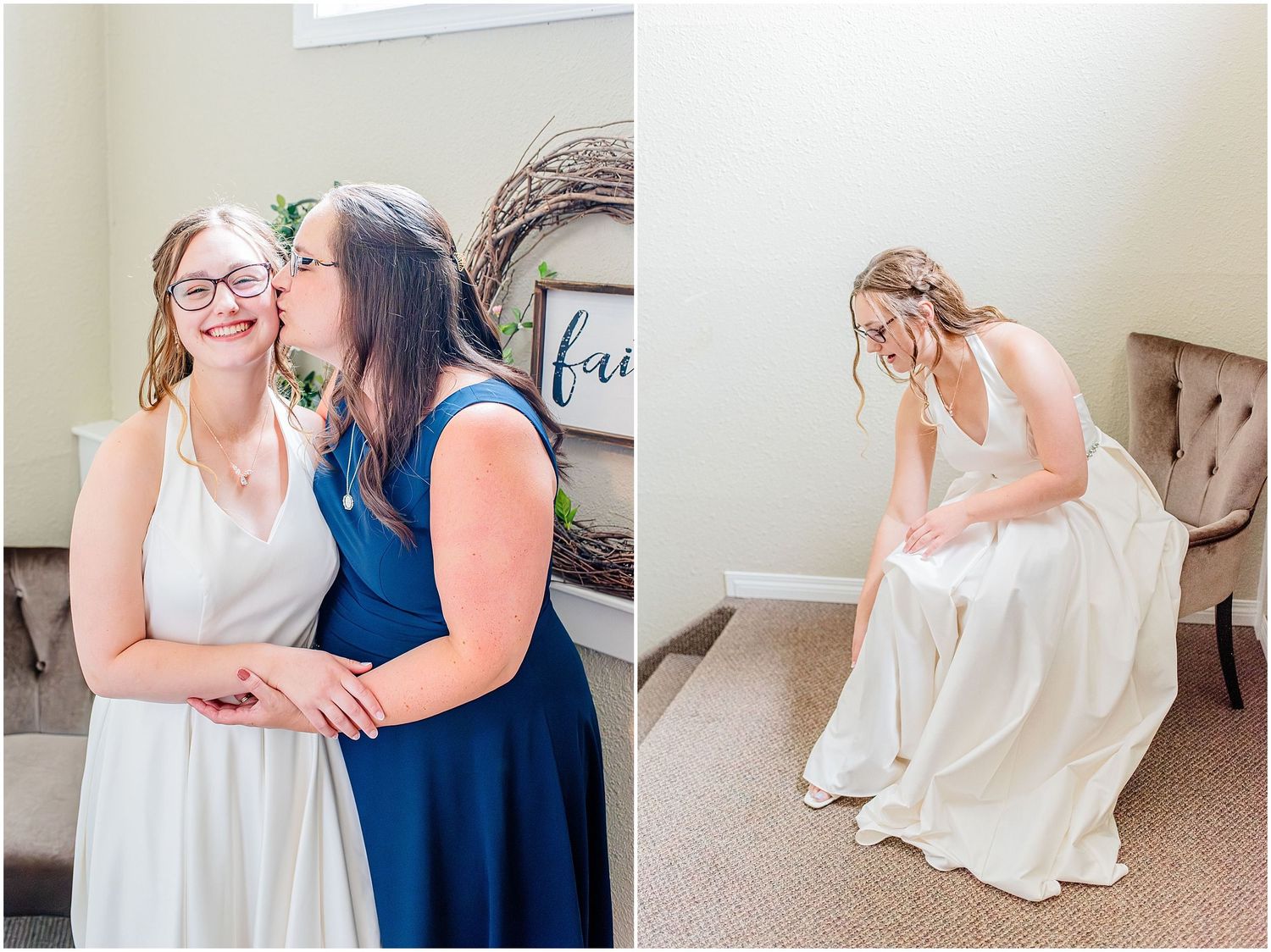 Bride sharing emotional moment with mother before wedding, bride wiping tears while seated.