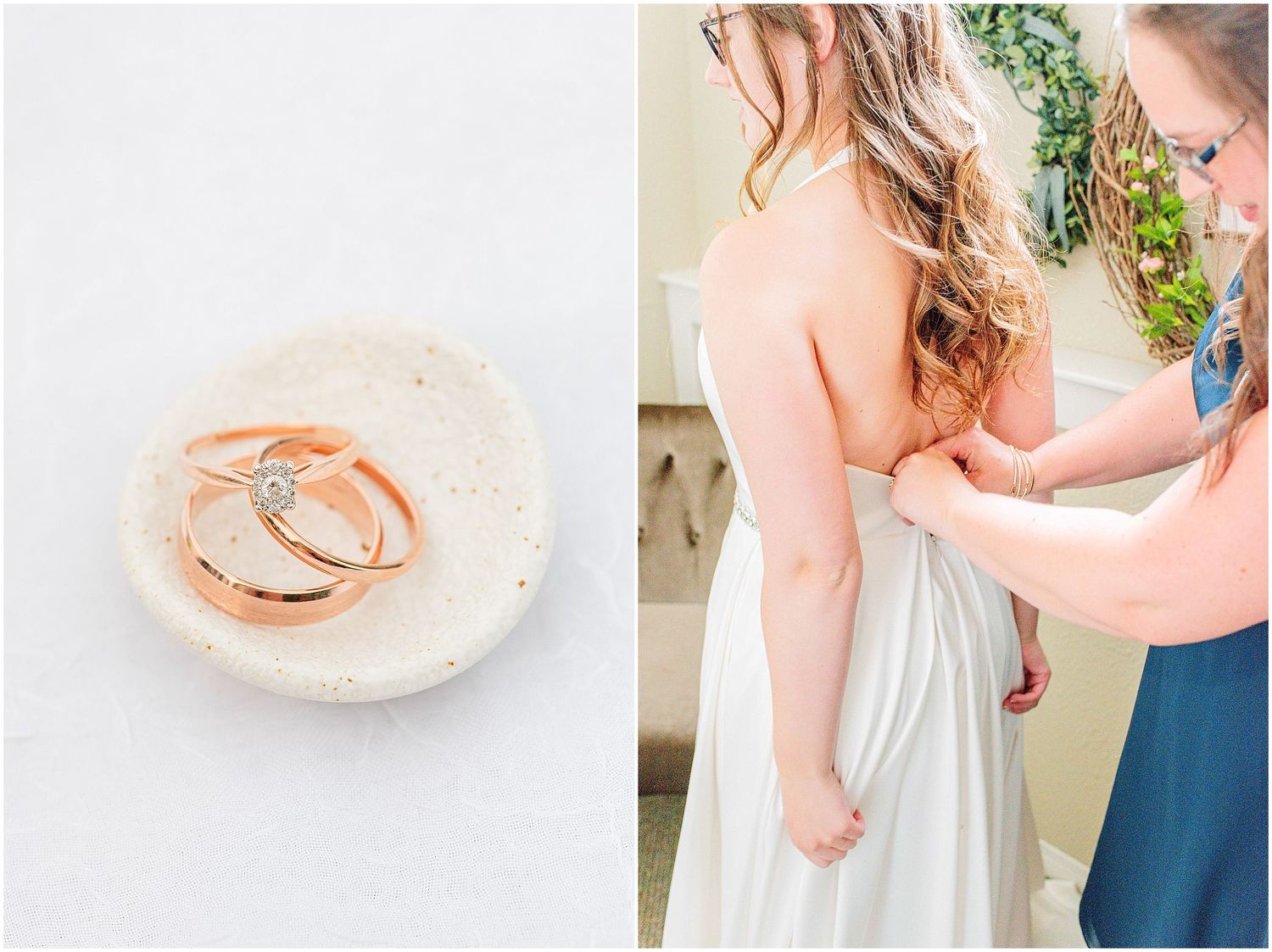 Rose gold wedding rings on a white dish beside a bride getting her white gown buttoned by a bridesmaid.