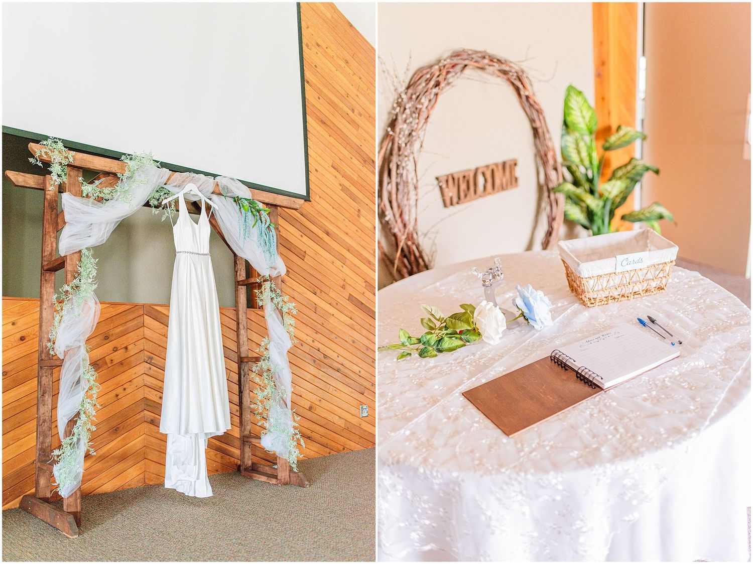 Wedding dress hanging on rustic wooden arch with teal draping beside a welcome sign guest book table.