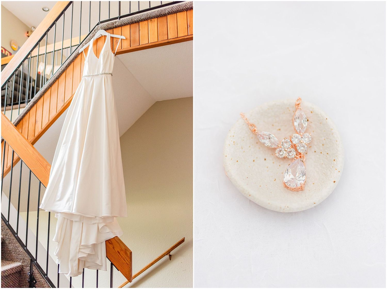 A white halter wedding gown hangs on stairs beside rose gold crystal drop earrings on a dish.