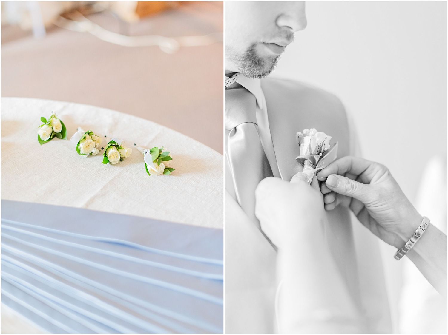 Floral boutonnieres on white fabric beside a black and white photo of a groom having his boutonniere pinned.