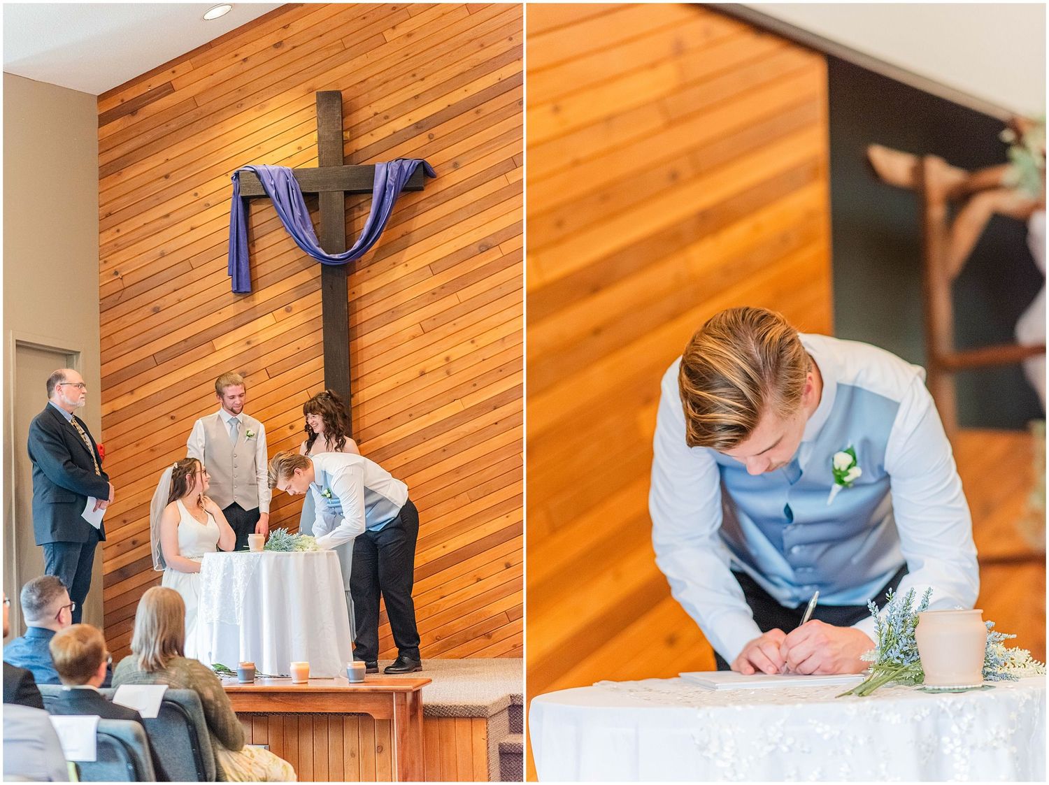 Wedding ceremony signing of marriage certificate at church altar with wooden cross backdrop.
