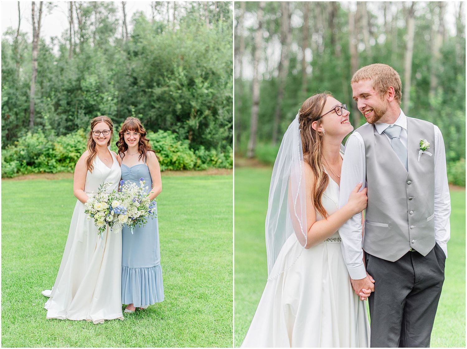 Bride poses with bridesmaid in dusty blue dress, and couple shares a romantic moment outdoors.