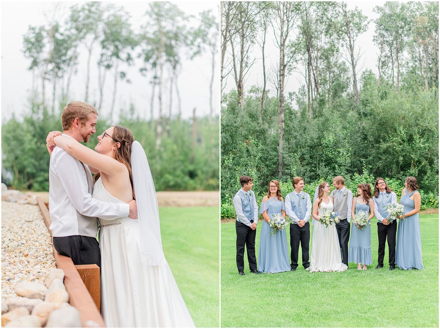 Bride and groom share a romantic moment while wedding party poses in blue dresses and gray suits outdoors.