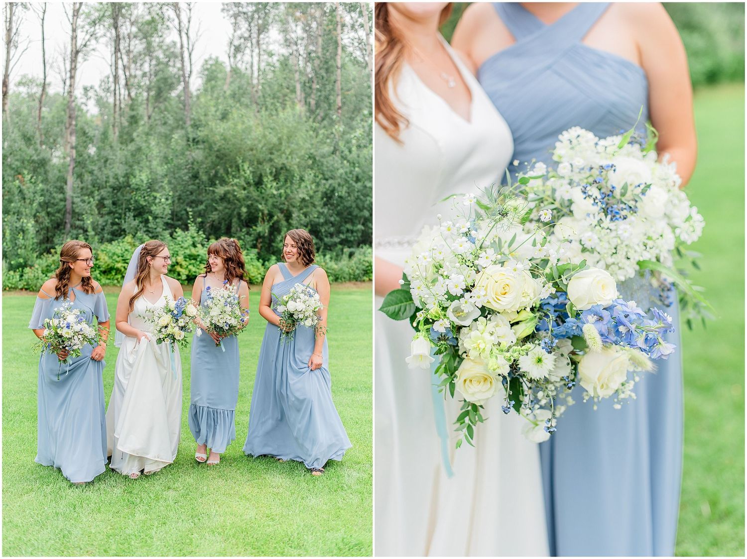 Bridesmaids in dusty blue gowns walk together holding white and blue floral bouquets outdoors.