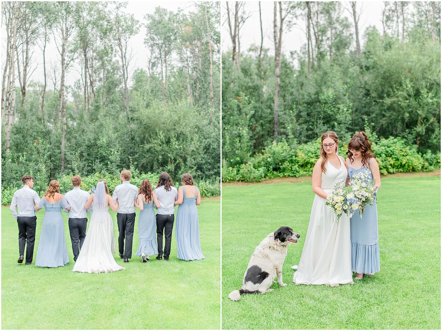 Wedding party walks away on green lawn as bride and bridesmaid pose with a dog in split photo.