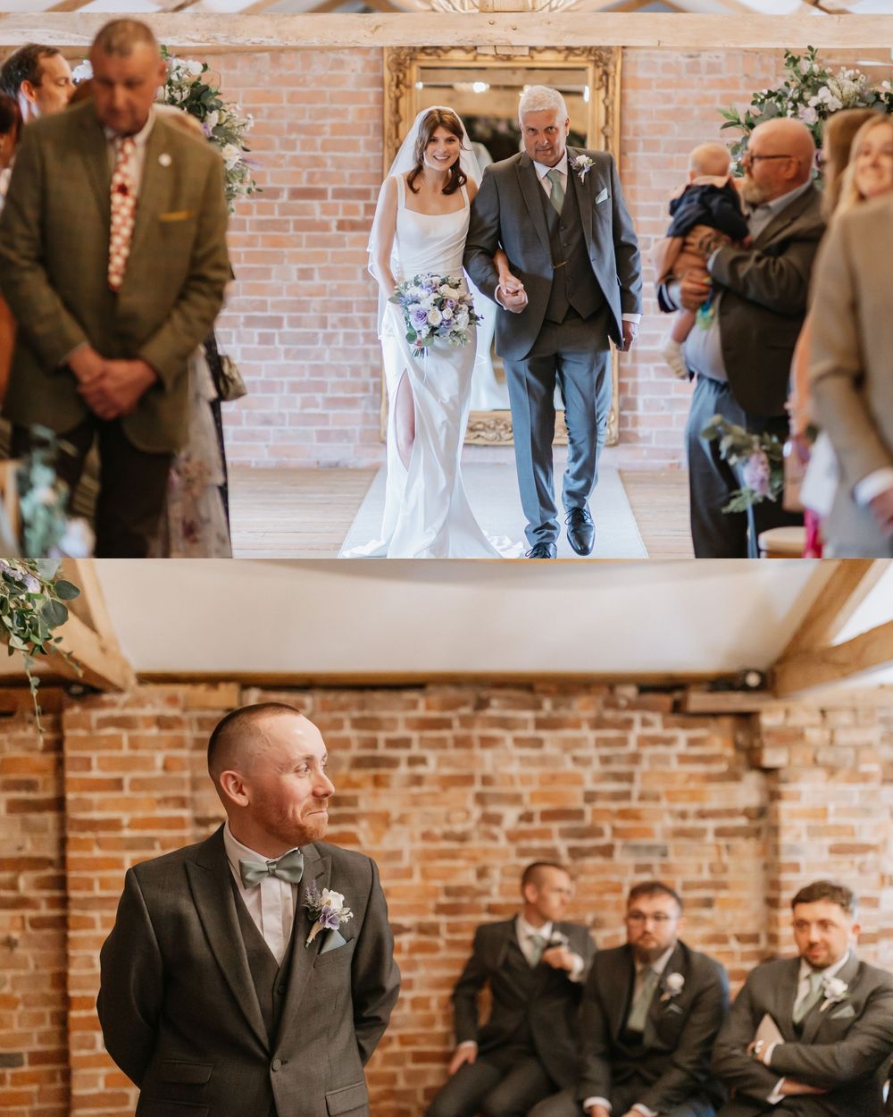 Bride walks down the aisle with her father in a rustic brick venue as the groom watches emotionally during their wedding ceremony.