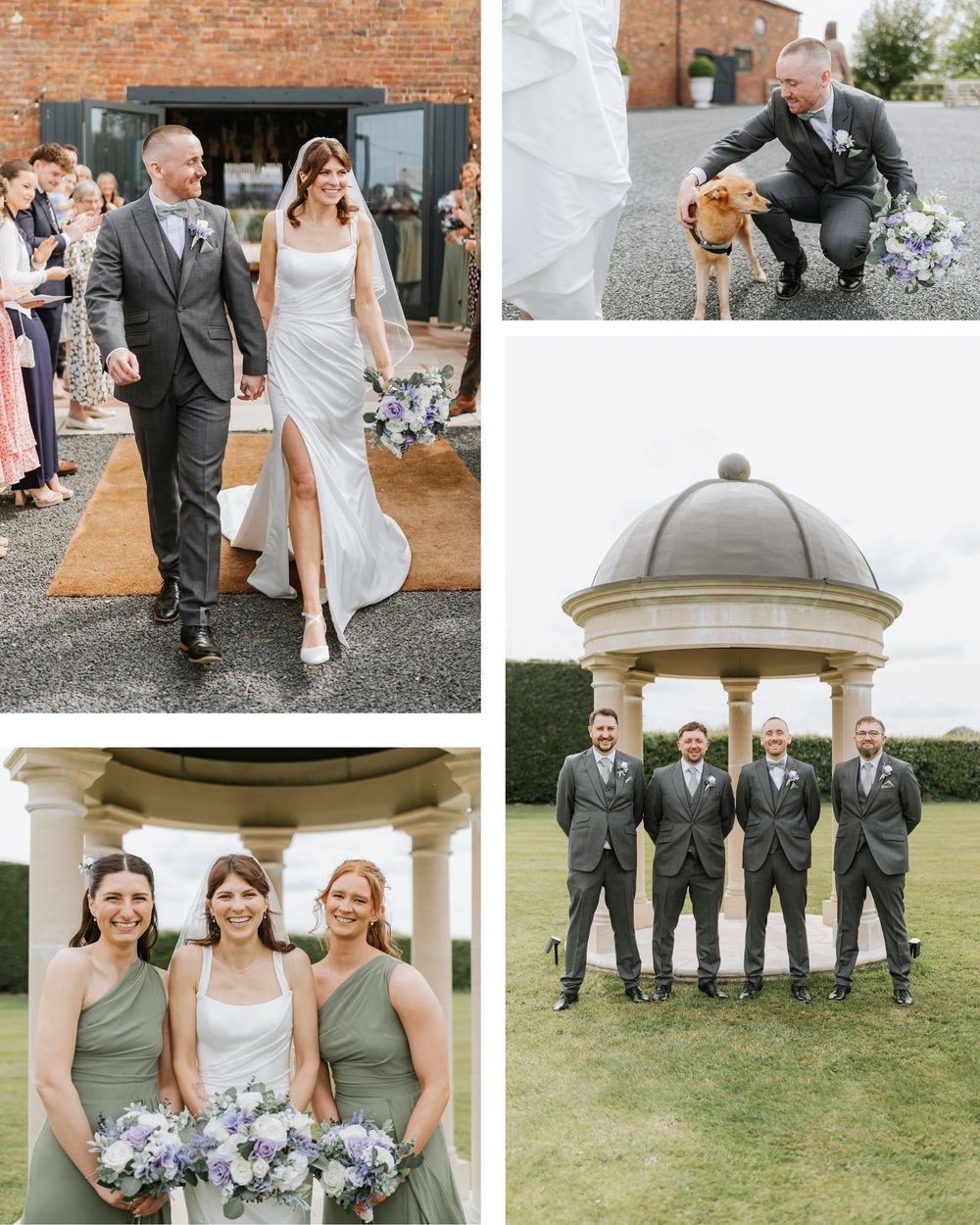 Elegant wedding collage featuring bride and groom, groomsmen, bridesmaids in sage green, and a golden retriever at a countryside venue.