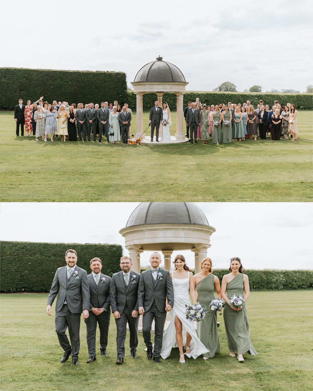 Wedding party poses by stone gazebo on lush lawn, bride and groom with guests in sage green and grey attire.