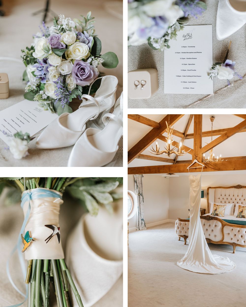 Elegant wedding details collage featuring bridal bouquet, invitation suite, floral ribbon wrap, and gown hanging in rustic venue.