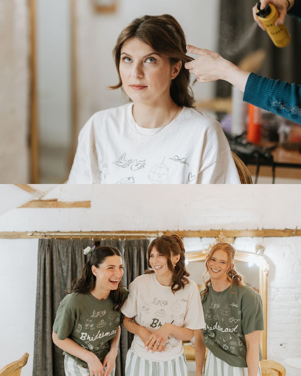 Bride getting hair styled in white tee, with three bridesmaids in olive green shirts smiling together.