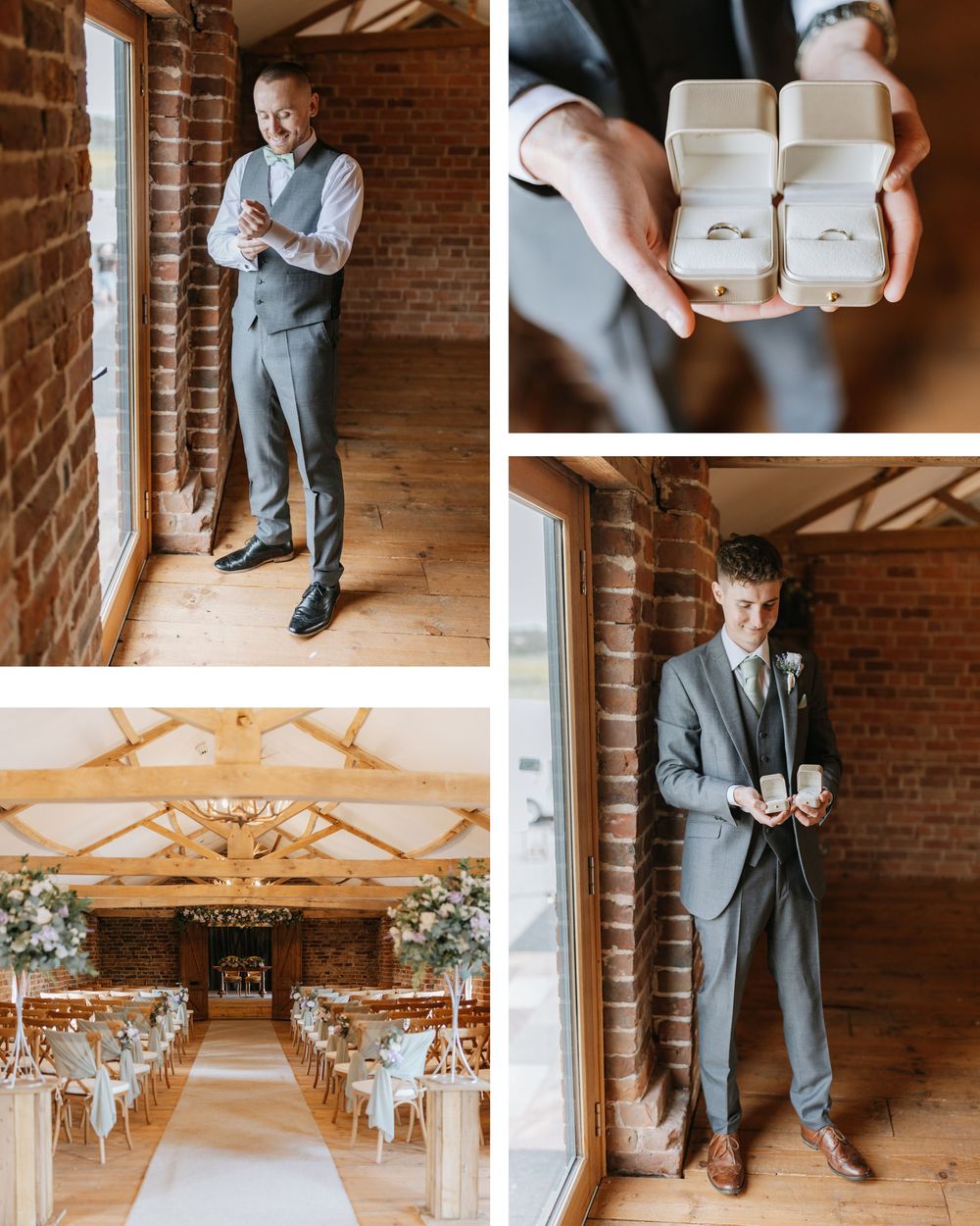 Groom in grey suit checks phone in rustic brick venue, wedding rings in box, decorated barn ceremony aisle with floral arrangements.