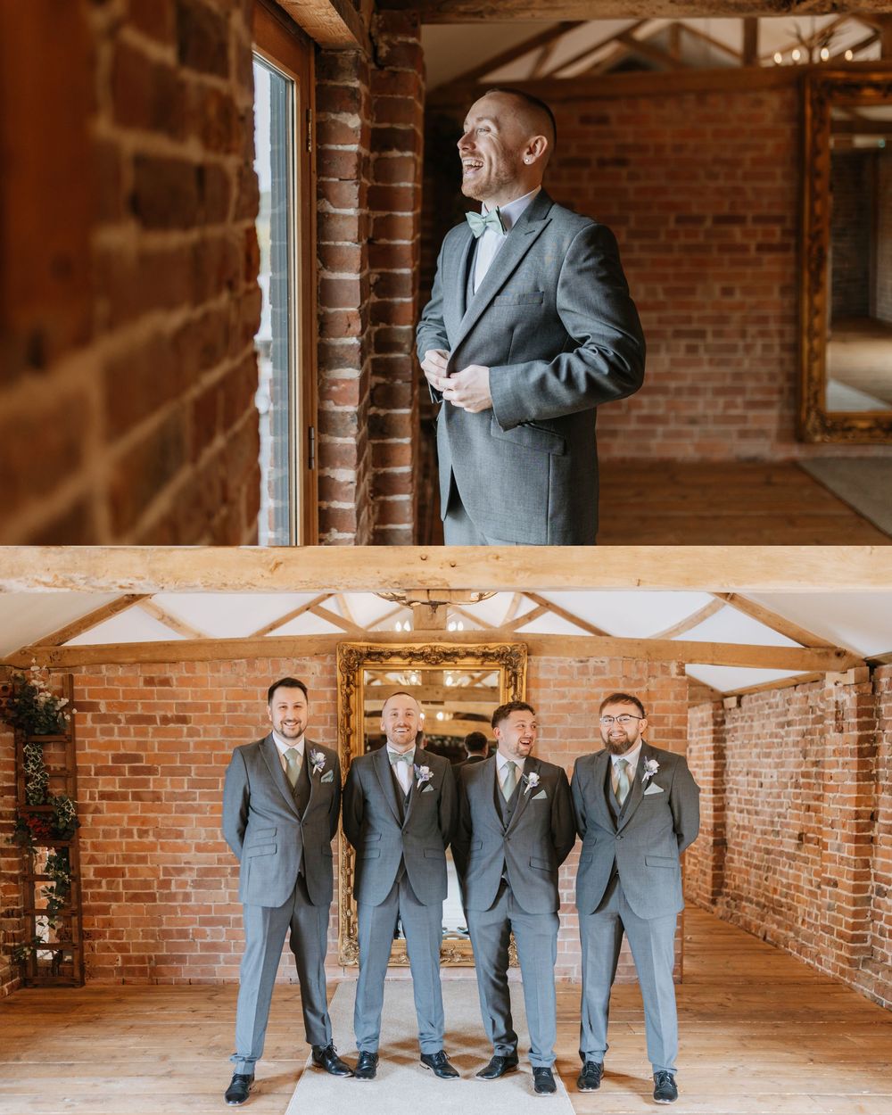 Groom in grey suit adjusts jacket in brick venue, with groomsmen posing together below in matching grey suits.