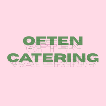Often Catering logo in bold green text with shadow effect on a soft pink background.