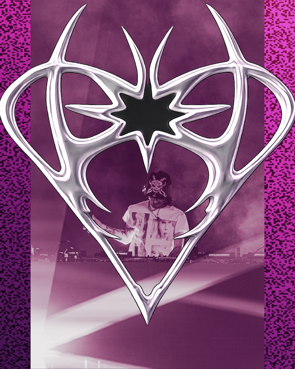 Purple graphic design featuring a metallic heart-shaped antler logo with a star, overlaying a DJ performing under stage lights.