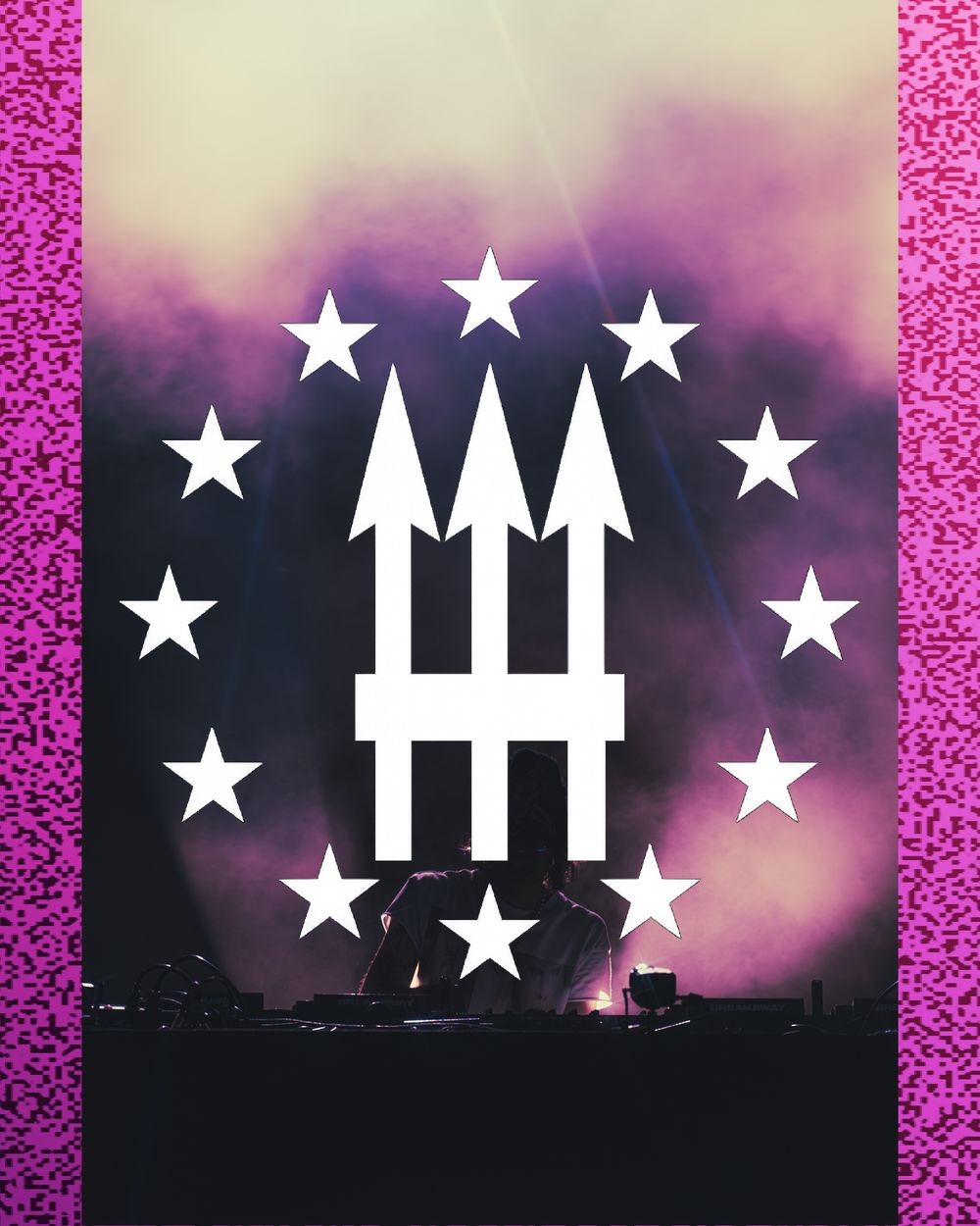 White rocket logo with stars on purple smoky concert background.