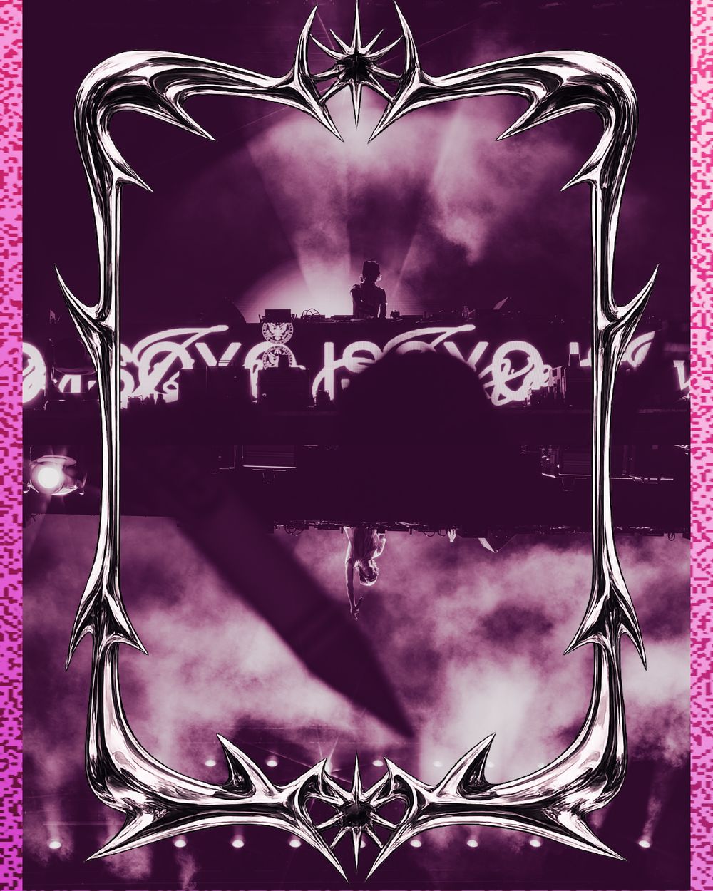 A gothic silver ornate frame with dark purple haze surrounds a silhouetted DJ performing on a dramatic smoky stage.