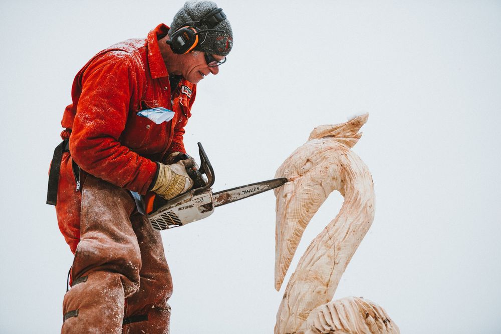 Chainsaw artist in red winter jacket carves detailed wooden bird sculpture outdoors.